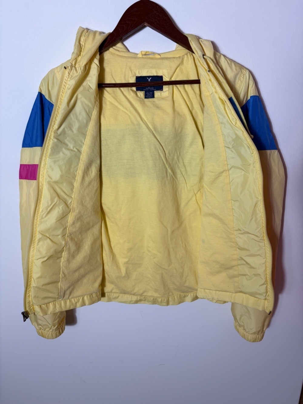 American Eagle Colorblock Windbreaker Jacket Hooded Yellow Blue Pink M - Picture 2 of 4